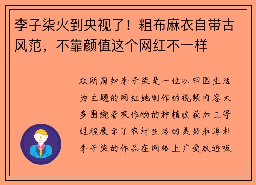 李子柒火到央视了！粗布麻衣自带古风范，不靠颜值这个网红不一样