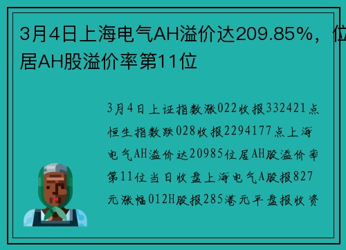3月4日上海电气AH溢价达209.85%，位居AH股溢价率第11位