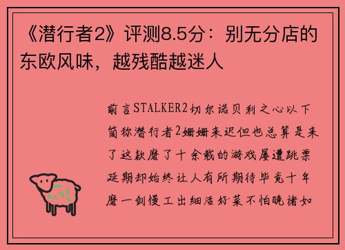 《潜行者2》评测8.5分：别无分店的东欧风味，越残酷越迷人