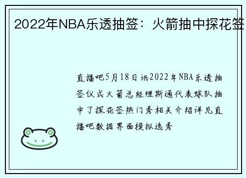 2022年NBA乐透抽签：火箭抽中探花签