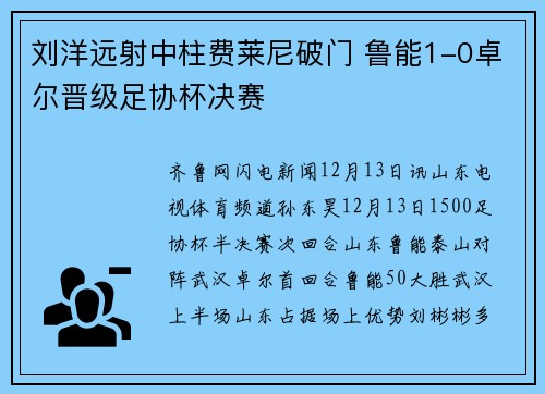 刘洋远射中柱费莱尼破门 鲁能1-0卓尔晋级足协杯决赛