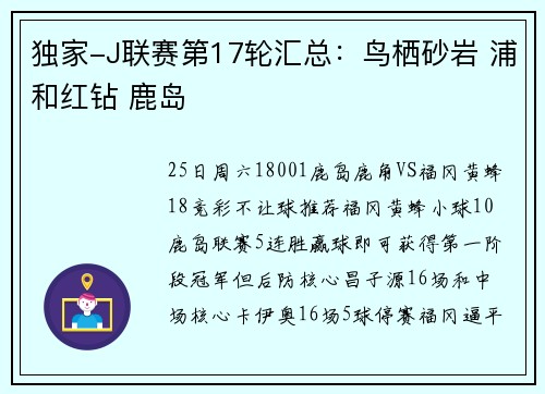 独家-J联赛第17轮汇总：鸟栖砂岩 浦和红钻 鹿岛
